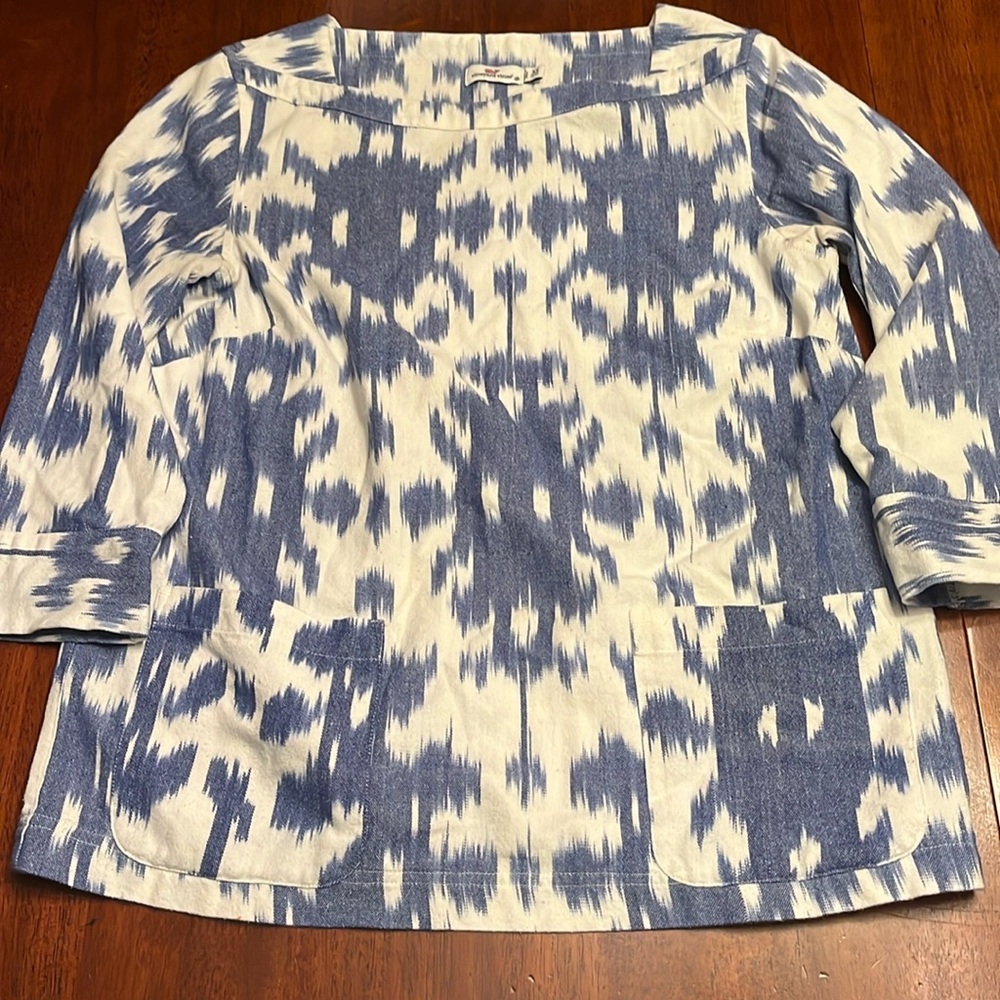 VINEYARD VINES cotton blend ikat popover pullover boat neck shirt pockets small